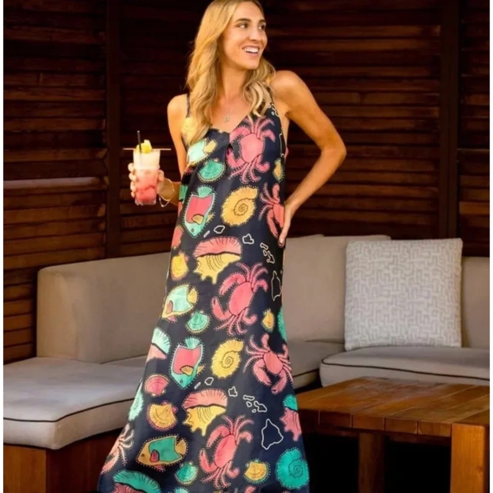 Kenny Flowers Silk Midi Dress XS Blue Sea Life Coastal Nautical Tropical NWT